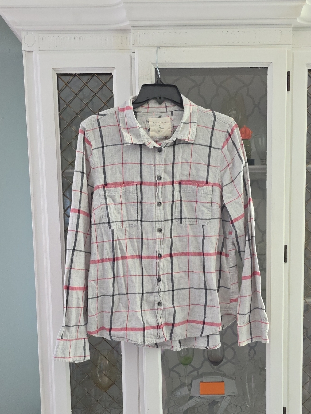 SONOMA Life + Style Gray Plaid Button-Down Shirt with Pink Grid